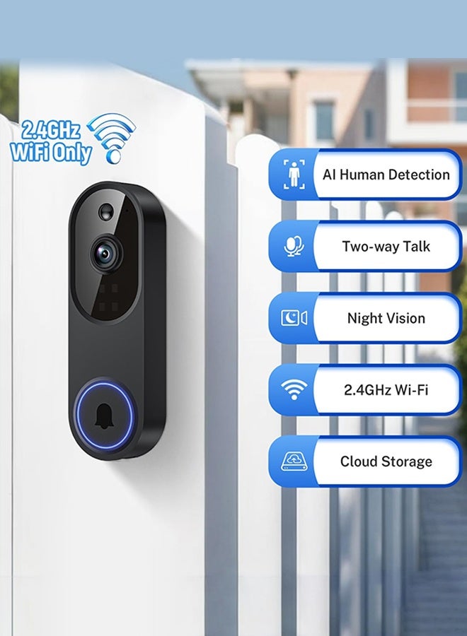 SUNDAREE 1080P Wireless Video Doorbell Camera, Night Vision, Cloud Storage, 2.4GHz Wi-Fi Only, Smart AI Human Detection, Real-Time Alert, 2-Way Audio, Battery Powered - Image 2